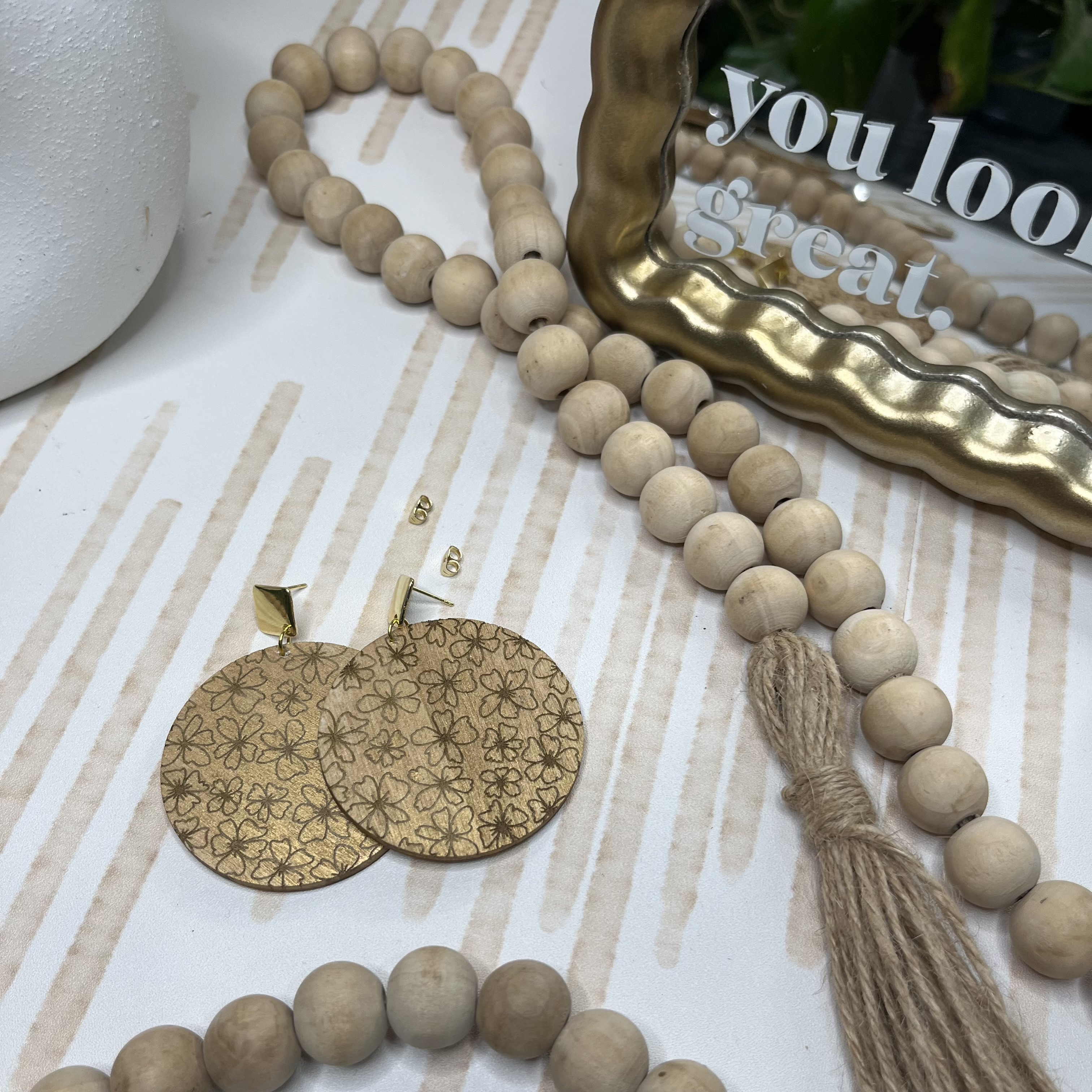 Stainless Steel Wooden Earrings - Floral